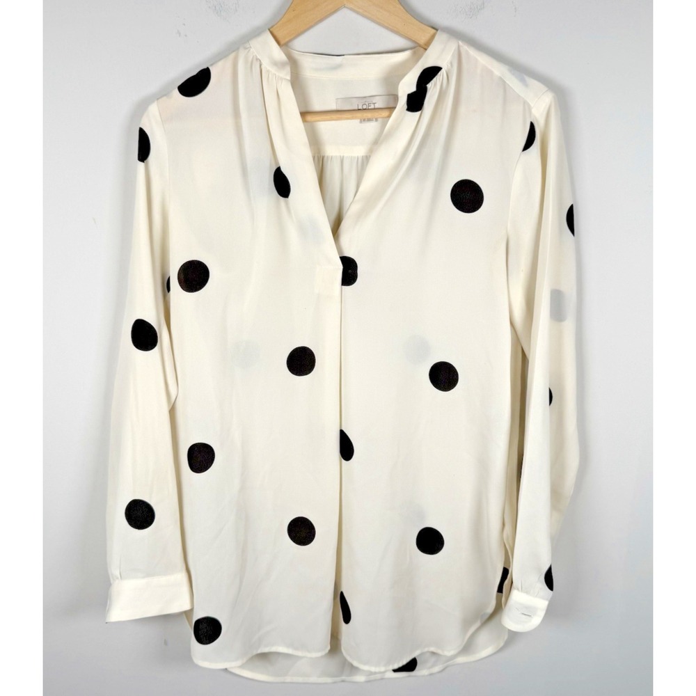 Loft V-Neck Semi Sheer Long Sleeve Blouse‎ Ivory Polka Dot Womens XS Career
